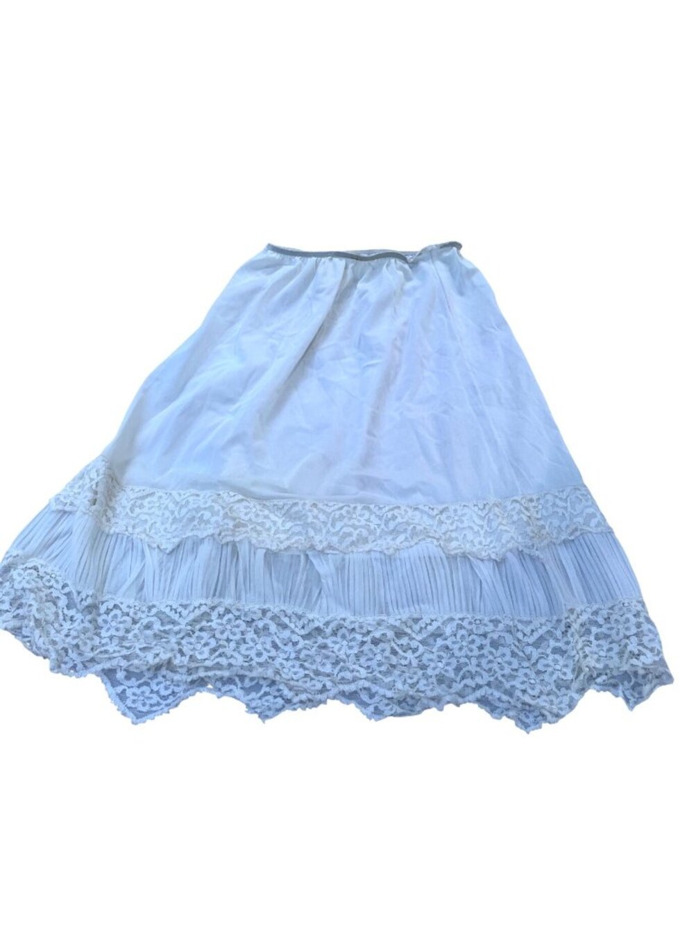 Vintage White Lace Slip Skirt W/Pleated Hem & Elastic Waist Approx. 21" Length